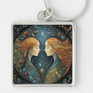 Gemini Twins Zodiac Astrology Mystical Birthday Keychain
