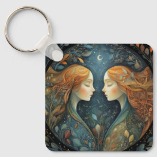 Gemini Twins Zodiac Astrology Mystical Birthday Keychain