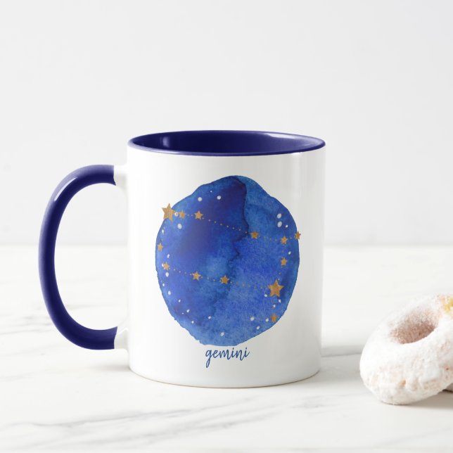 Gemini Watercolor Night Sky Constellation Zodiac Mug (With Donut)