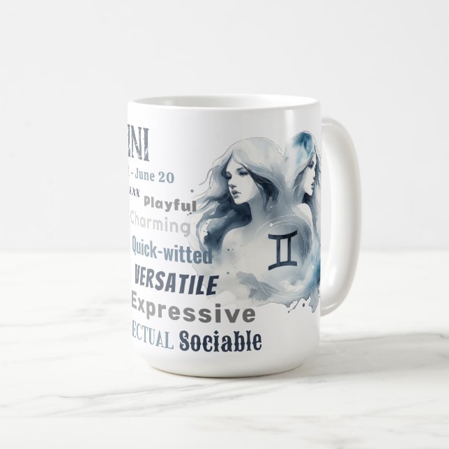 Gemini Watercolor Zodiac Sign Traits Birthday Coffee Mug (Front Right)