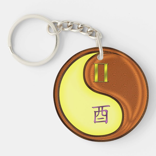 Gemini & Wood Rooster Keychain (Front)