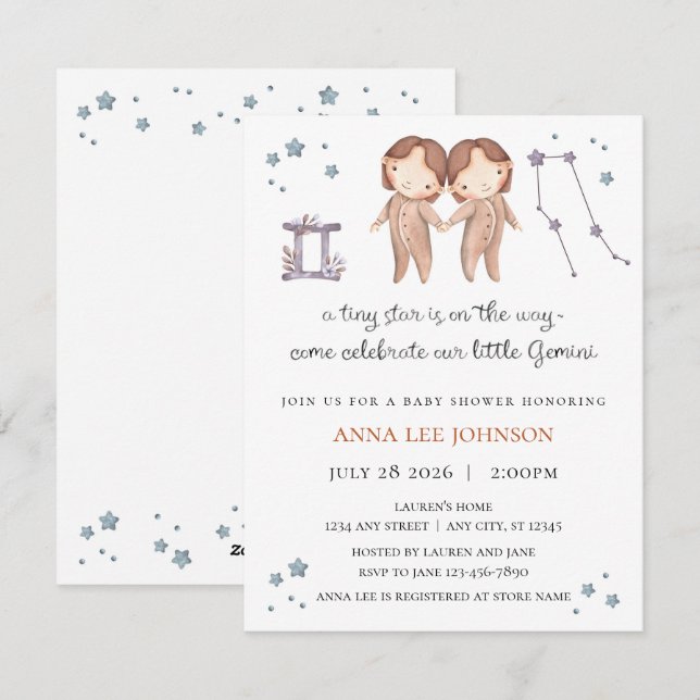 Gemini Zodiac Baby Shower Invitation (Front/Back)