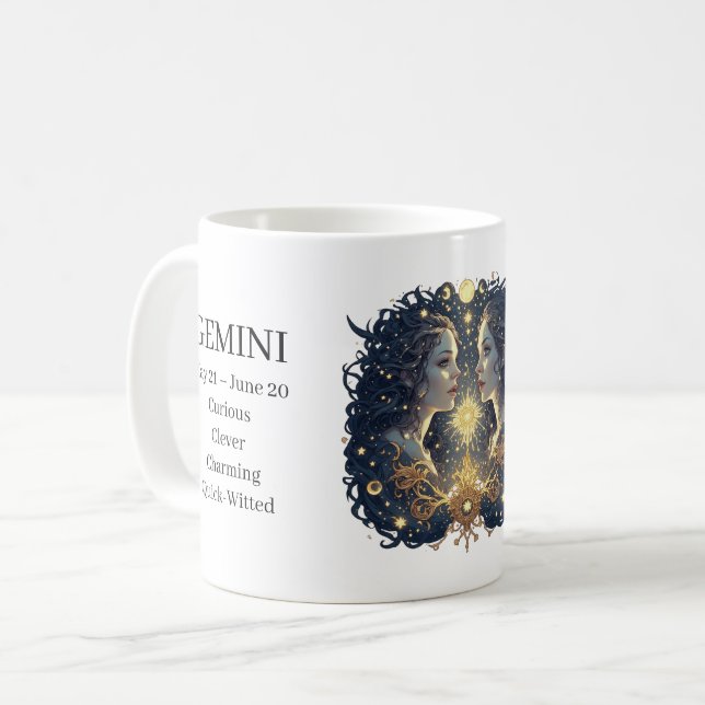 Gemini Zodiac Celestial Art & Custom Traits Coffee Mug (Front Left)
