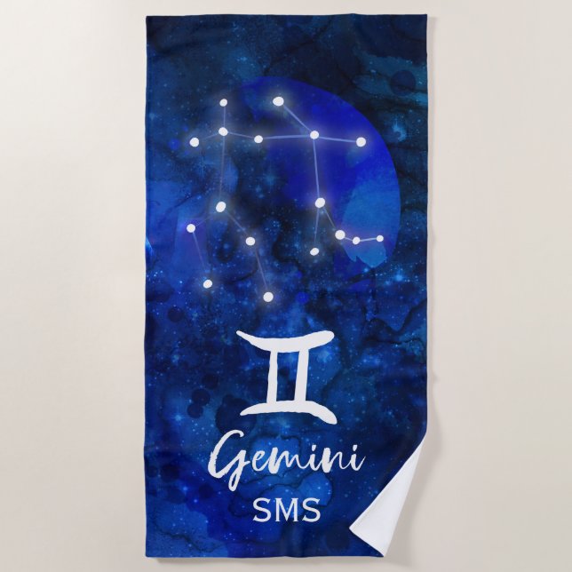 Gemini Zodiac Constellation Blue Galaxy Monogram Beach Towel (Front)