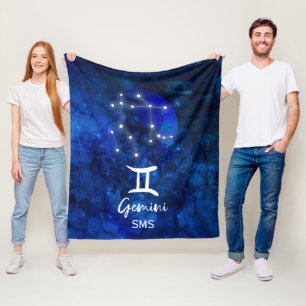 Gemini Zodiac Constellation Blue Galaxy Monogram Fleece Blanket