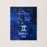 Gemini Zodiac Constellation Blue Galaxy Monogram Jigsaw Puzzle<br><div class="desc">Gemini Zodiac Constellation Blue Galaxy Monogram Design. With trendy Brushed Script Font, Dark blue celestial watercolor background texture, Glowing star constellation, and The Twins symbol. Modern Astrological Sign Birth Horoscope, is perfect for any Gemini Birthday From May 21 - June 20 ! With Optional Monogrammed First Middle and Last name...</div>