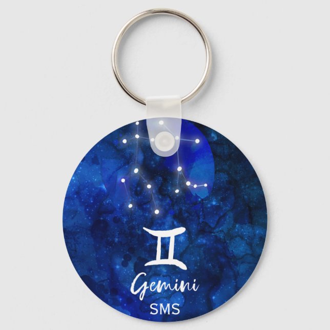 Gemini Zodiac Constellation Blue Galaxy Monogram Keychain (Front)