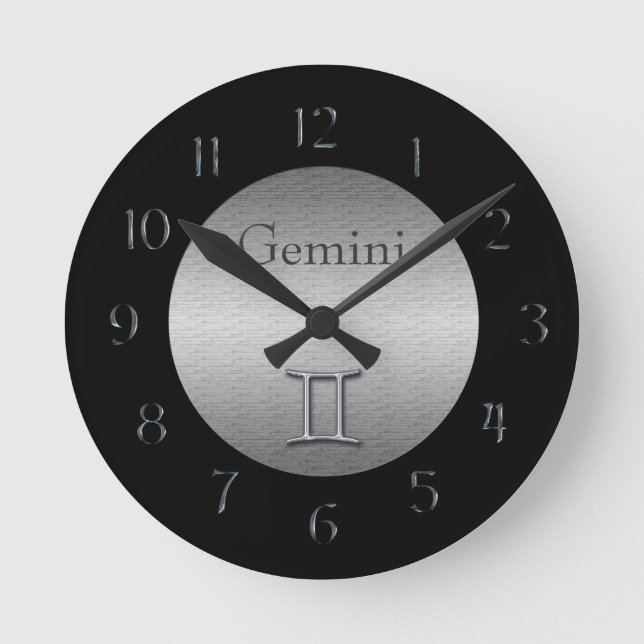 Gemini Zodiac-Faux Brushed Silver/Black Round Clock (Front)