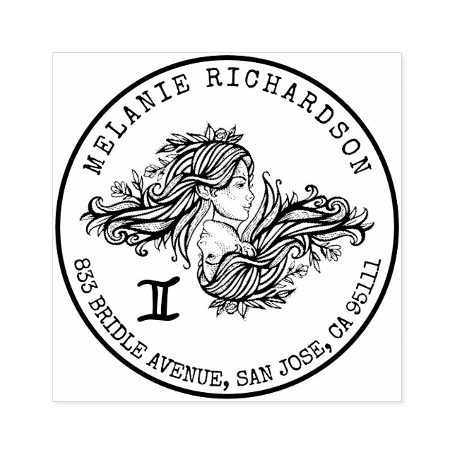 Gemini Zodiac Hand-drawn Crest | Return Address Rubber Stamp (Imprint)