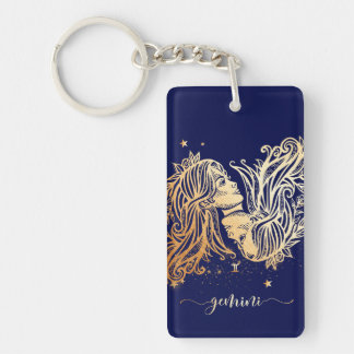 Gemini Zodiac Navy Blue & Gold Key Chain Design