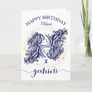 Gemini Zodiac Navy & Gold Monochrome Birthday Card
