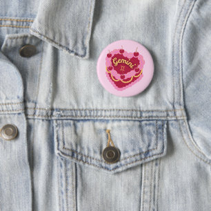 Gemini Zodiac Pastel Heart Birthday Cake 2 Inch Round Button