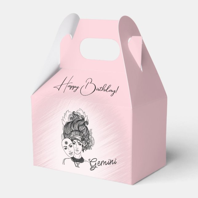 Gemini Zodiac Pink Happy Birthday Name Favor Box (Front Side)