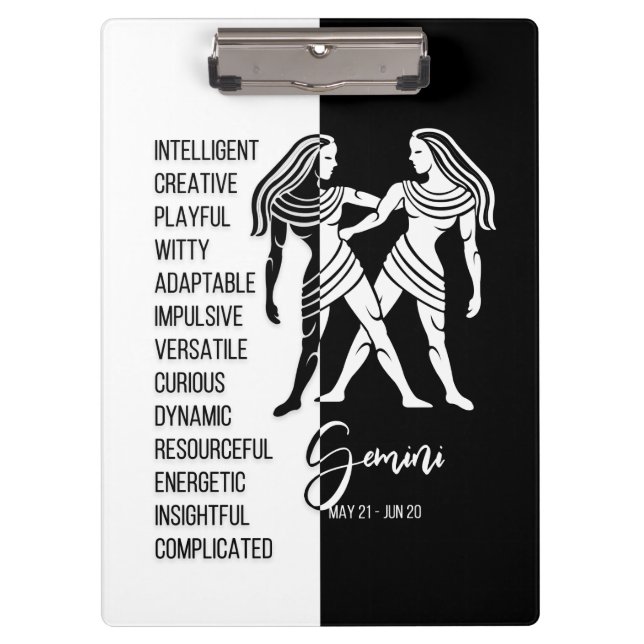 Gemini Zodiac Sign Black & White Clipboard (Front)