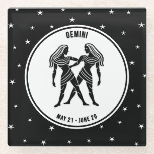 Gemini Zodiac Sign, Black & White Glass Coaster