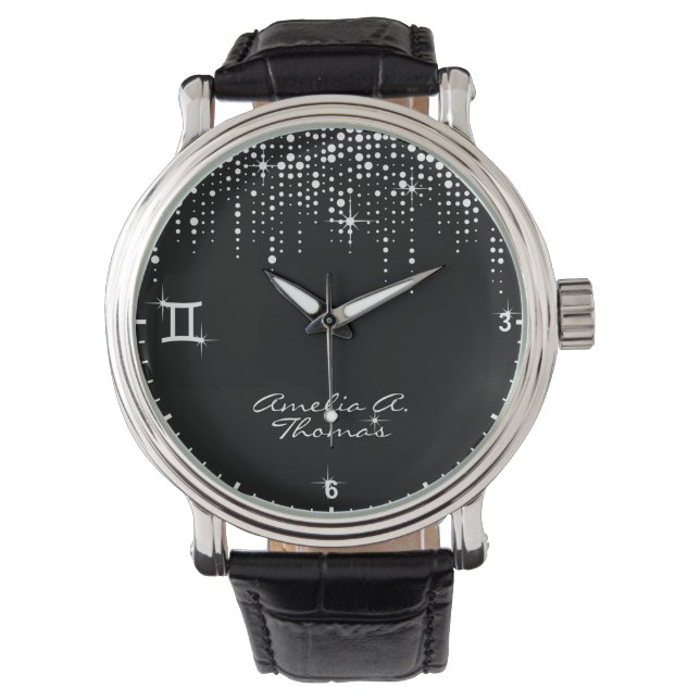 Gemini Zodiac Sign Dripping Glitter Rain Sequins Watch (Front)