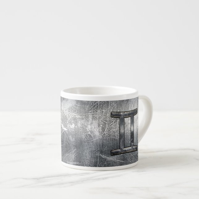 Gemini Zodiac Sign in Industrial Steel Style Espresso Cup (Front Right)