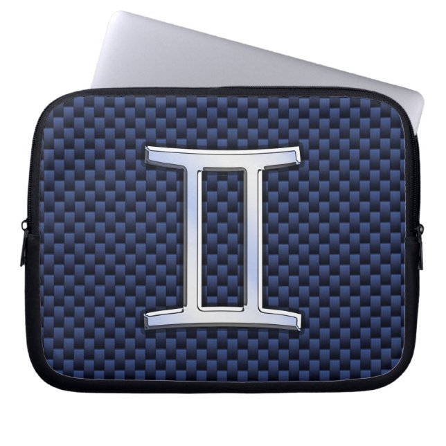 Gemini Zodiac Sign on Blue Carbon Fiber Style Laptop Sleeve (Front)