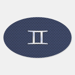 Gemini Zodiac Sign on Blue Carbon Fibre Style Oval Sticker