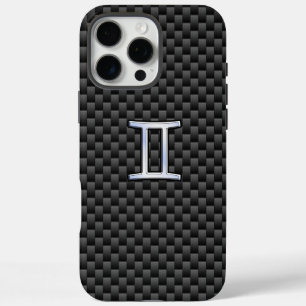 Gemini Zodiac Sign on Charcoal Carbon Fibre iPhone 16 Pro Max Case