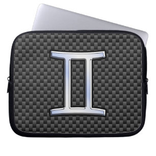 Gemini Zodiac Sign on Charcoal Carbon Fibre Print Laptop Sleeve