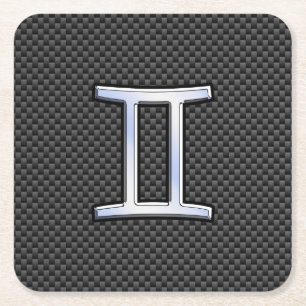 Gemini Zodiac Sign on Charcoal Carbon Fibre Print Square Paper Coaster