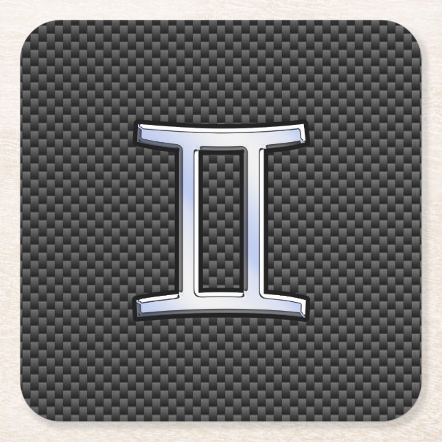 Gemini Zodiac Sign on Charcoal Carbon Fibre Print Square Paper Coaster (Front)