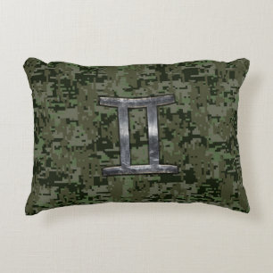 Gemini Zodiac Sign on Green Digital Camo Accent Pillow