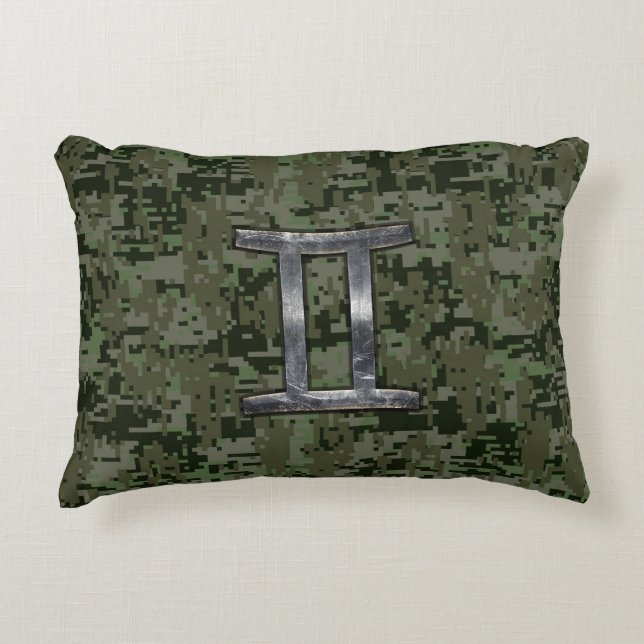 Gemini Zodiac Sign on Green Digital Camo Accent Pillow (Front)
