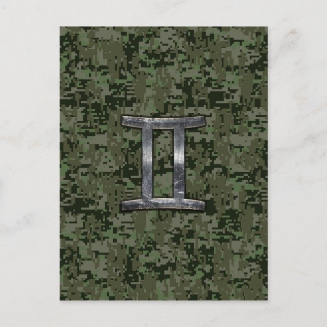 Gemini Zodiac Sign on Green Digital Camo Postcard (Front)