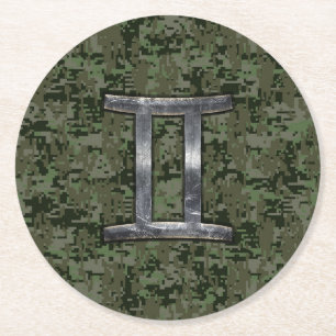 Gemini Zodiac Sign on Green Digital Camo Round Paper Coaster