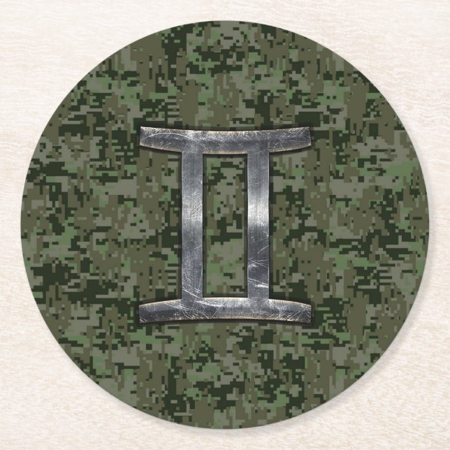 Gemini Zodiac Sign on Green Digital Camo Round Paper Coaster (Front)