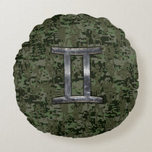 Gemini Zodiac Sign on Green Digital Camo Round Pillow