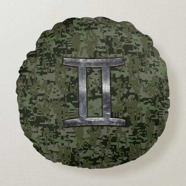 Gemini Zodiac Sign on Green Digital Camo Round Pillow (Front)