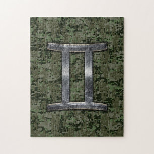 Gemini Zodiac Sign on Green Digital Camouflage Jigsaw Puzzle