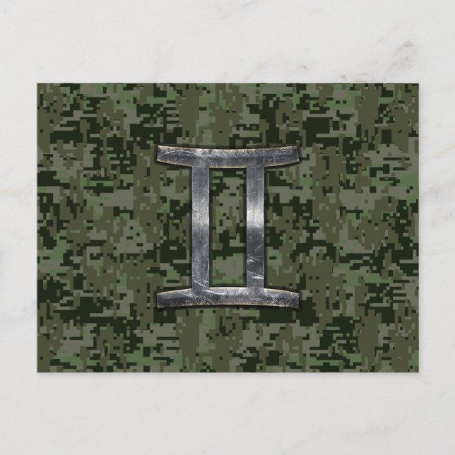Gemini Zodiac Sign on Green Digital Camouflage Postcard (Front)
