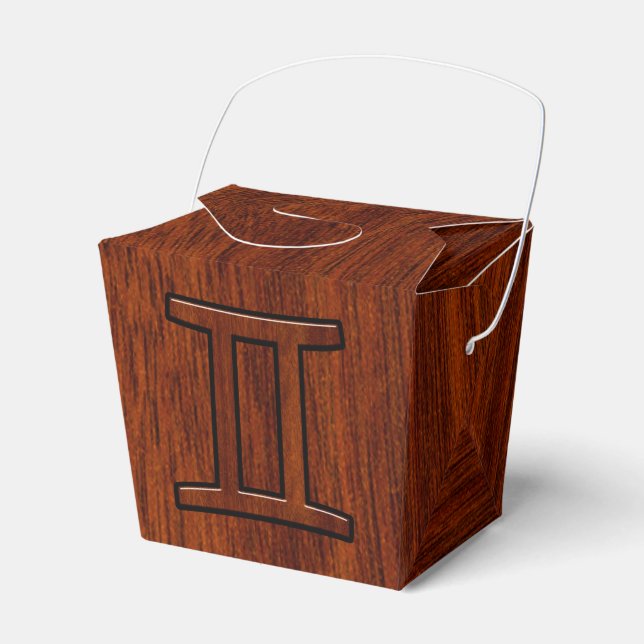 Gemini Zodiac Sign on Mahogany Wood Style Favor Box (Front Side)