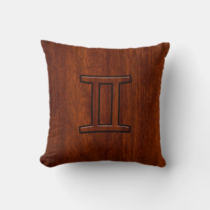 Gemini Zodiac Sign on Mahogany Wood Style Throw Pillow