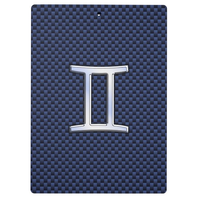 Gemini Zodiac Sign on Navy Blue Carbon Fibre Print Clipboard (Back)