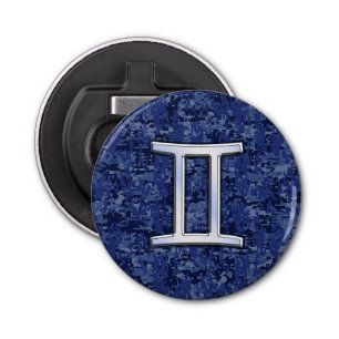 Gemini Zodiac Sign on Navy Blue Digital Camo Bottle Opener