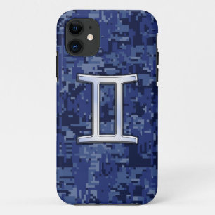 Gemini Zodiac Sign on Navy Blue Digital Camo iPhone 11 Case