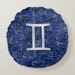 Gemini Zodiac Sign on Navy Blue Digital Camo Round Pillow