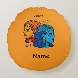 Gemini Zodiac Sign Pop Art - Retro Celestial Twins Round Pillow