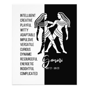 Gemini Zodiac Sign Print, Black & White