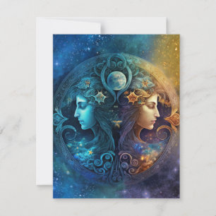 Gemini Zodiac Sign Watercolor Design Card