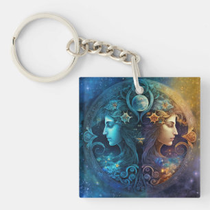 Gemini Zodiac Sign Watercolor Design Keychain