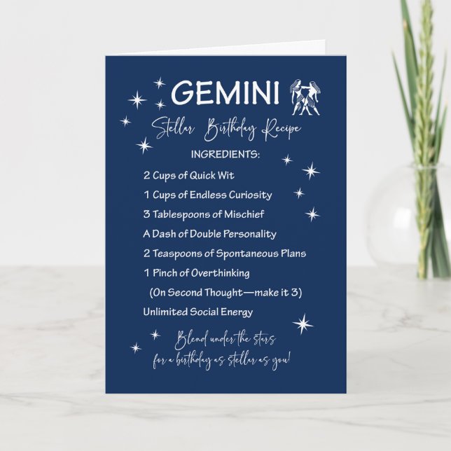 Gemini Zodiac Stellar Birthday Recipe Card (Front)