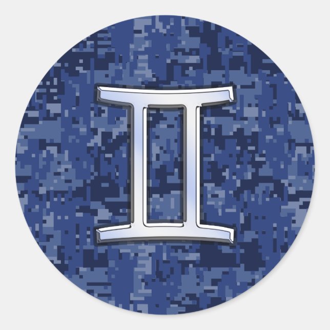 Gemini Zodiac Symbol Blue Digital Camouflage Classic Round Sticker (Front)