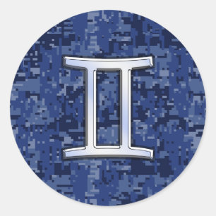 Gemini Zodiac Symbol Blue Digital Camouflage Classic Round Sticker