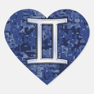 Gemini Zodiac Symbol Blue Digital Camouflage Heart Sticker